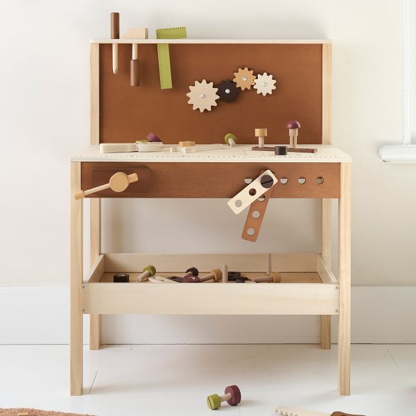 Spielzeugwerkbank «Noyer» | Inkl. 34-teiligem Werkzeugsatz | Braun