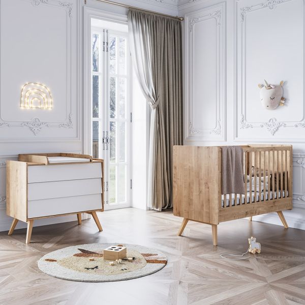 2-teiliges Babyzimmer Set «Vintage» | mitwachsendes Babybett & Kommode | weiss & natur