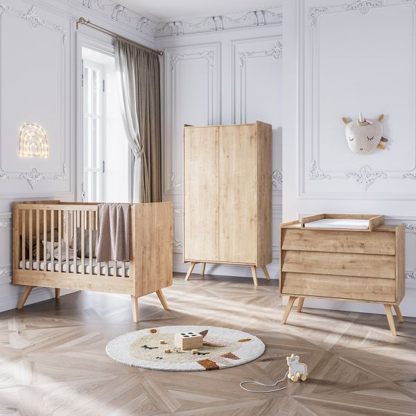 3-teiliges Babyzimmer Set «Vintage» | Kleiderschrank, mitwachsendes Babybett & Kommode | natur