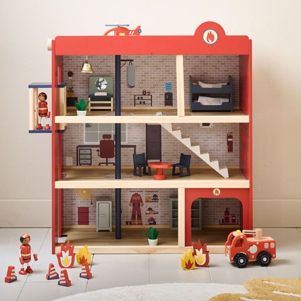 FEUERWEHRSTATION aus Holz «Pompier» | inkl. 19-teiligem Zubehör | 70 cm | | Rot