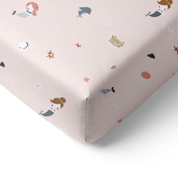 SPANNBETTLAKEN 80 x 160 cm «MERMAID» | ROSA MIT UNTERWASSERWELT-PRINT