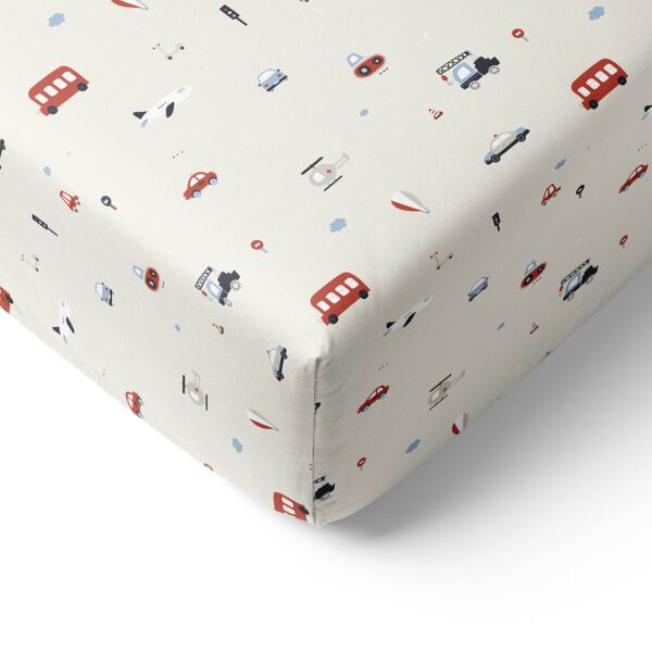 Hoeslaken van 70x140 met voertuigenprint in beige van biologisch katoen van Petite Amélie 