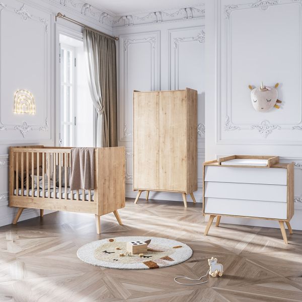 3-teiliges Babyzimmer Set «Vintage» | Kleiderschrank, mitwachsendes Babybett & Kommode | weiss & natur