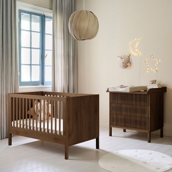 2-teiliges Babyzimmer Set «Japandi» mitwachsendes Babybett & Kommode | Wenge