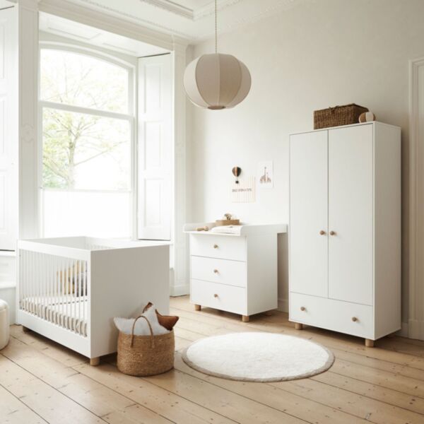 3-teiliges Babyzimmer Set «Bocca Nova» | Kleiderschrank, mitwachsendes Babybett & Kommode | Weiss