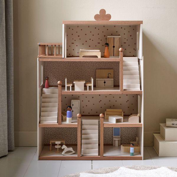 GROßES PUPPENHAUS AUS HOLZ «FLEUR» | INKL. 19-TEILIGEM PUPPENMÖBEL-SET | 87 CM | BEIGE & WALNUSS
