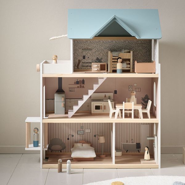 Puppenhaus aus Holz «Campagne» | inkl. 14-teiligem Puppenmöbel-Set | 81 cm | Weiss & pastell blau