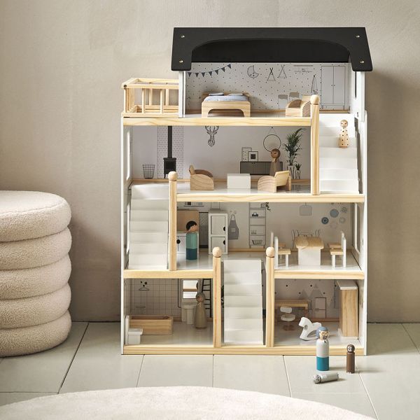 Grosses Puppenhaus aus Holz «La Maison d'Amélie» | Inkl. Puppenmöbel | 81 cm | Weiss & Schwarz