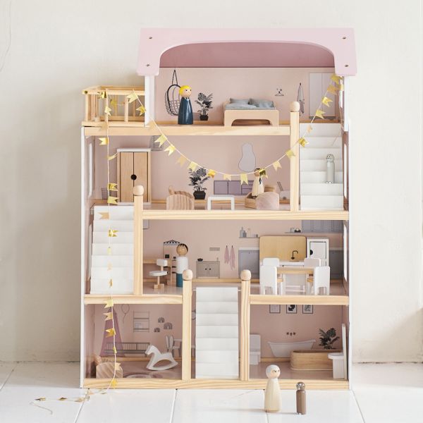 GROSSES PUPPENHAUS AUS HOLZ «LA LYONNAISE» | INKL. PUPPENMÖBEL | 80 CM | rosa