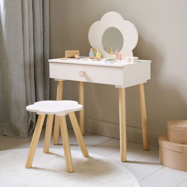 KINDER SCHMINKTISCH AUS HOLZ MIT SPIEGEL UND STUHL «FLEUR» | OFF-WHITE