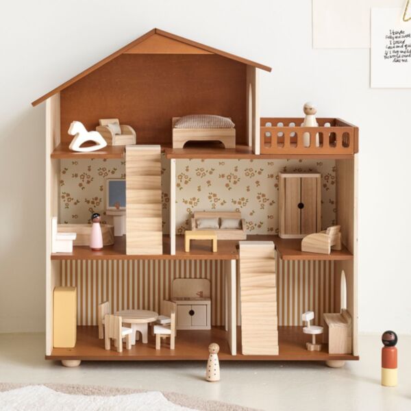 Puppenhaus aus Holz «Noyer» | Inkl. 19-teiligem Puppenmöbel-set | Walnuss