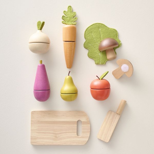Obst und Gemüse-Set aus Holz | inkl. Schneidebrett und Messer | 9-teilig
