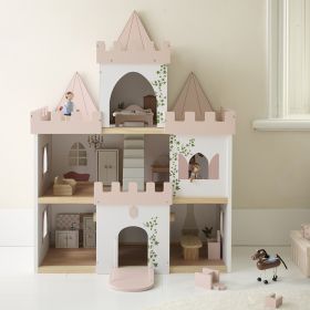 Märchenschloss aus Holz inkl. Puppen und 10-teiligem Möbelset | Rosa