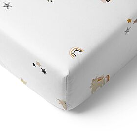 SPANNBETTLAKEN 60 x 120 cm «LARA»| WEISS MIT BUNTEM EINHORN-PRINT