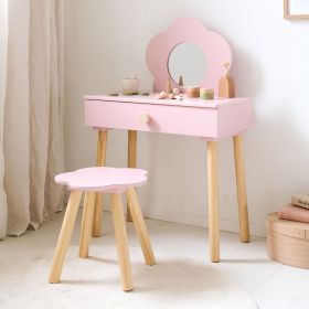 KINDER SCHMINKTISCH AUS HOLZ MIT SPIEGEL UND STUHL «FLEUR» | ROSA