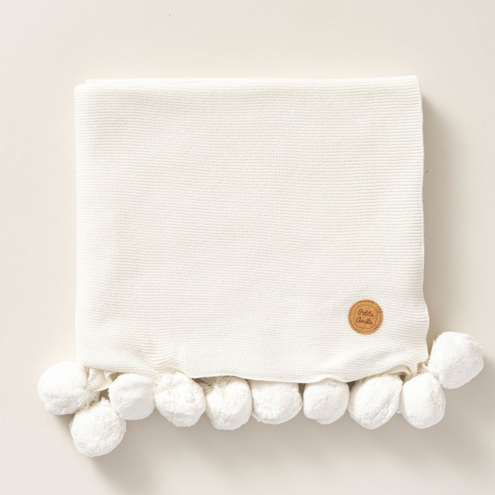 Kinderdecke aus Bio-Baumwolle mit Pompons | 100x150 CM | Cremeweiß