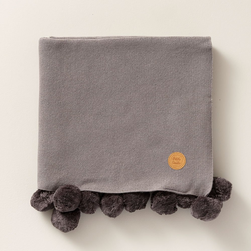 Kinderdecke aus Bio-Baumwolle mit Pompons | 100x150 CM | Dunkelgrau
