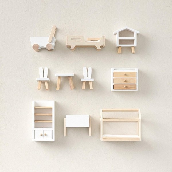 Puppenhausmöbel 10-teiliges Set | Kinderzimmer | Weiß/Holz