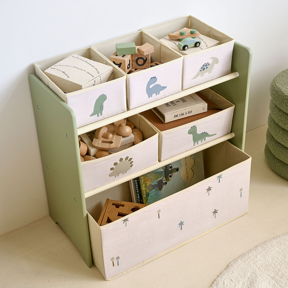 Spielzeugregal «Dino» mit Boxen in Grün ✔️ Petite Amélie