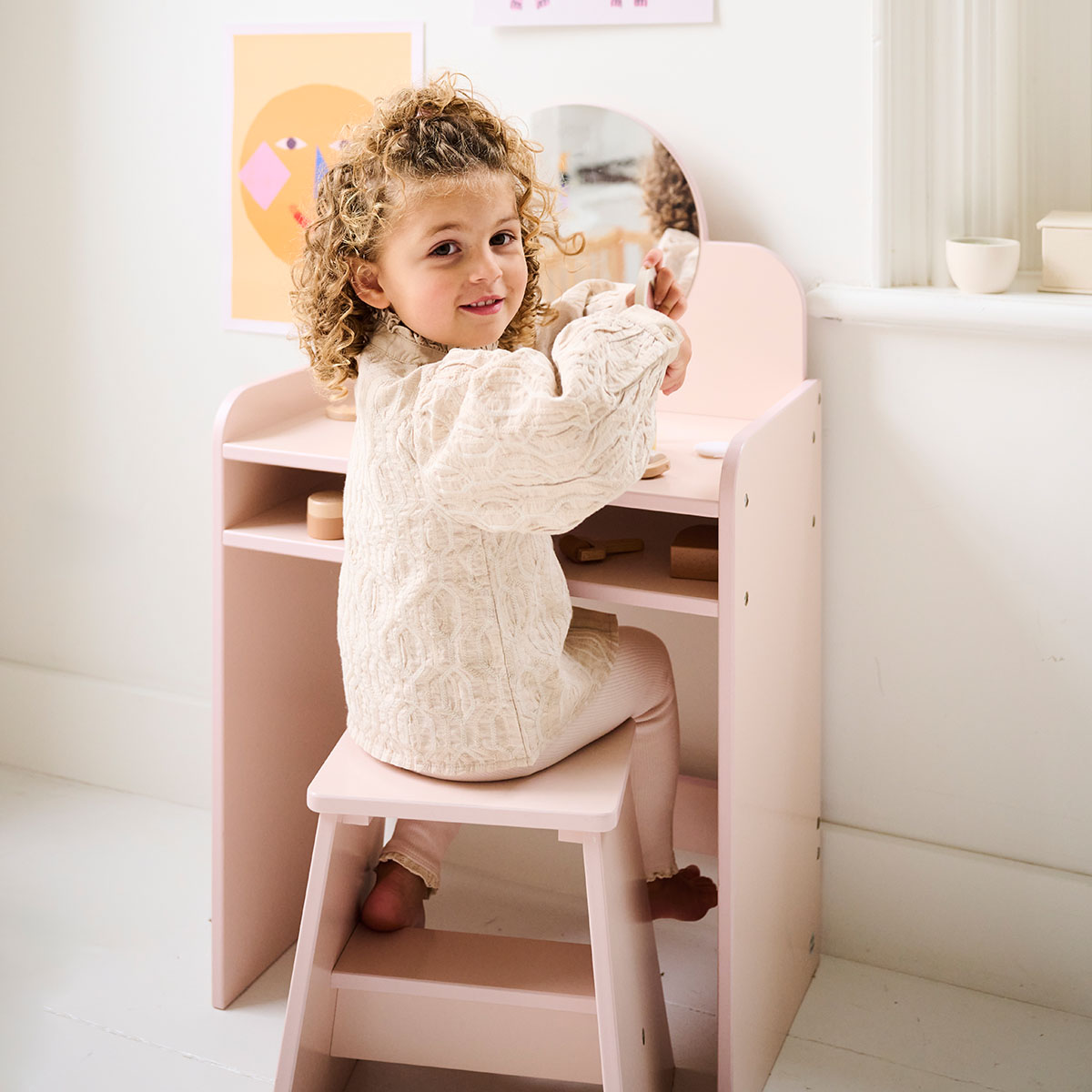 Rosa Schminktisch aus Holz mit Hocker✔️ Petite Amélie