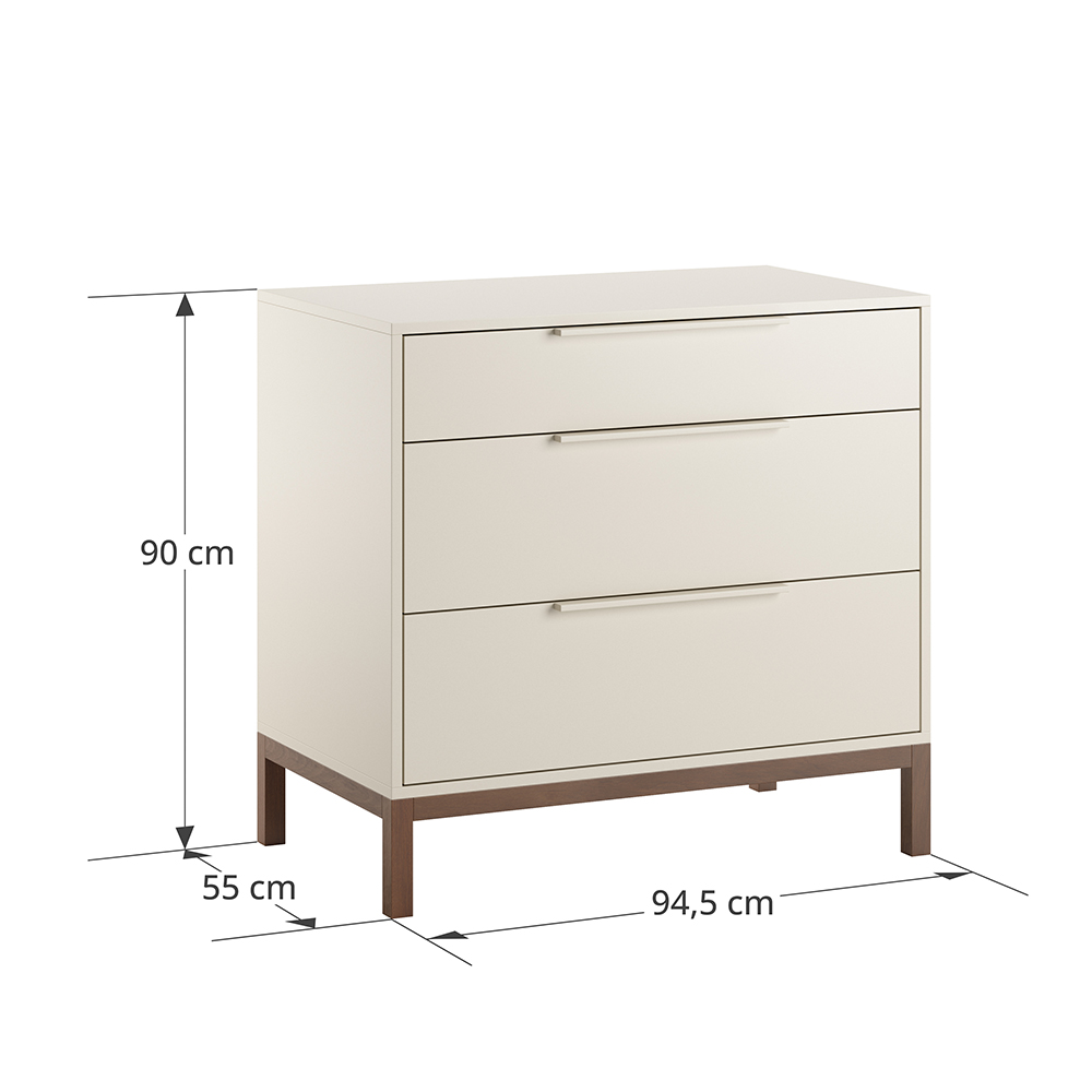 Commode à langer Petite Amélie couleur avoine avec trois tiroirs, montrée avec ses dimensions : 90 cm de hauteur, 94,5 cm de largeur et 55 cm de profondeur.